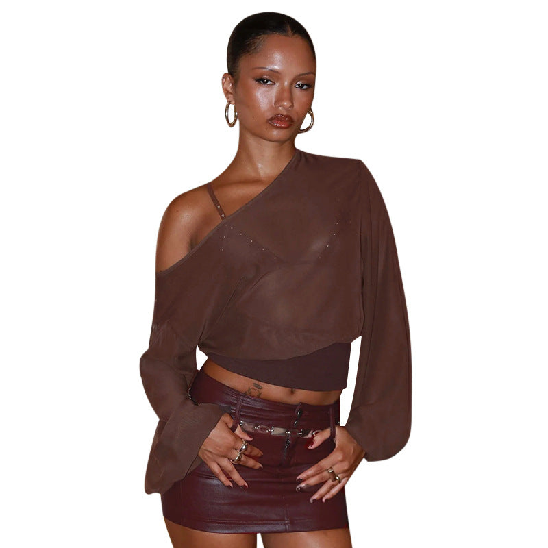 Damen Transparente schulterfreie Mesh-Cropped-Bluse mit elastischem Taillenbund – Avérine
