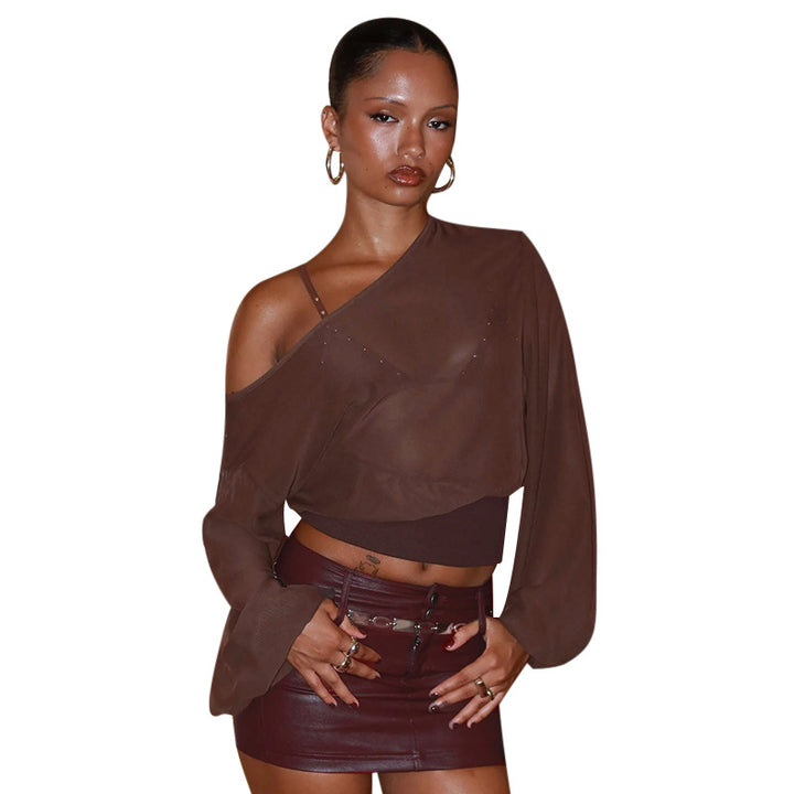 Damen Transparente schulterfreie Mesh-Cropped-Bluse mit elastischem Taillenbund – Avérine