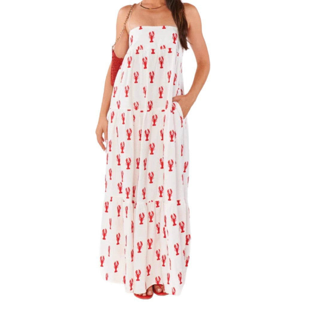 Damen nan trägerloses Bandeau-Maxikleid mit gestuftem Volantrock und maritimem Hummer-Motiv Echo Archiv