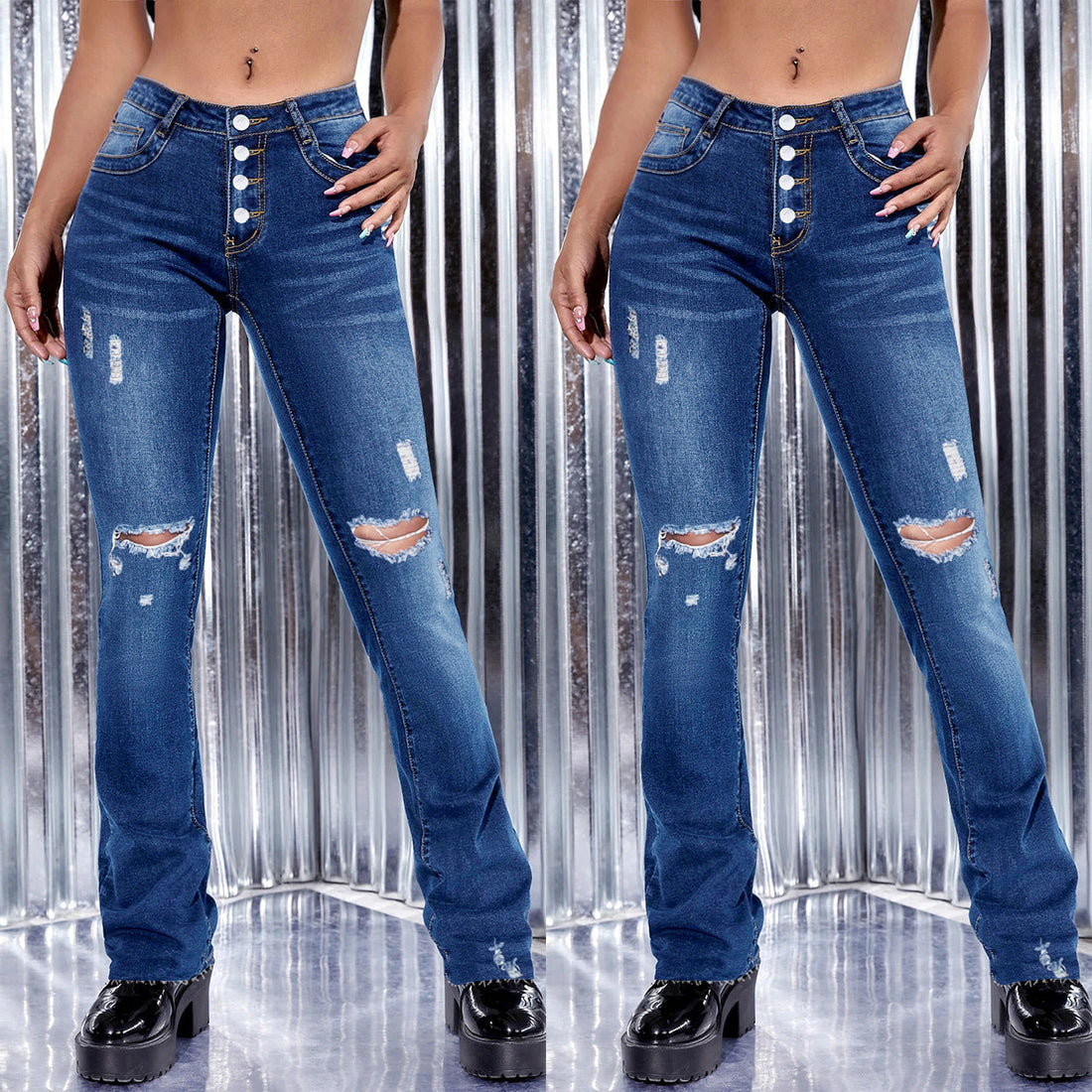 Damen Hochtaillierte Knopf‑Front Bootcut‑Jeans mit Sculpting‑Bund und distressed Knietrennungen Echo Archiv