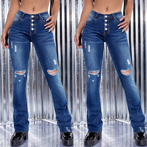 Damen Hochtaillierte Knopf‑Front Bootcut‑Jeans mit Sculpting‑Bund und distressed Knietrennungen Echo Archiv