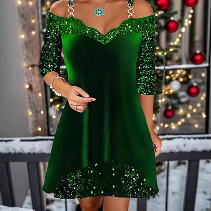 Damen nan schulterfreies Pailletten-Swingkleid mit zierlichen Ketten‑Trägern, halblangen Ärmeln und Volantbesatz Echo Archiv