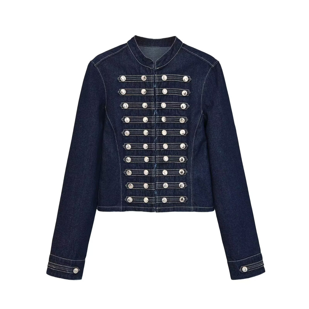 Damen Jeansjacke im Militärstil mit Stehkragen und dekorativen Zierknopfleisten Echoarchiv