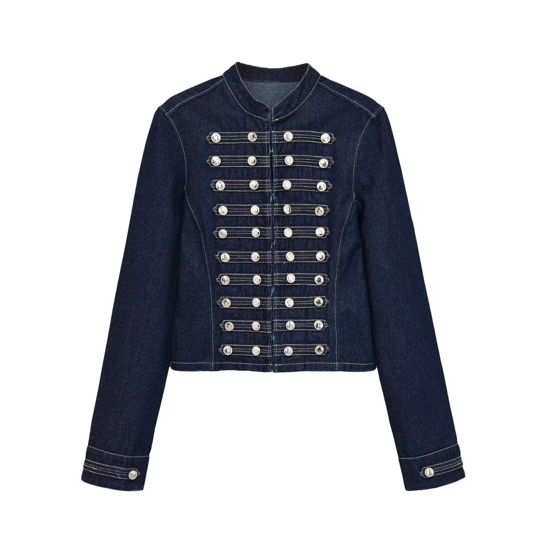 Damen Jeansjacke im Militärstil mit Stehkragen und dekorativen Zierknopfleisten Echoarchiv