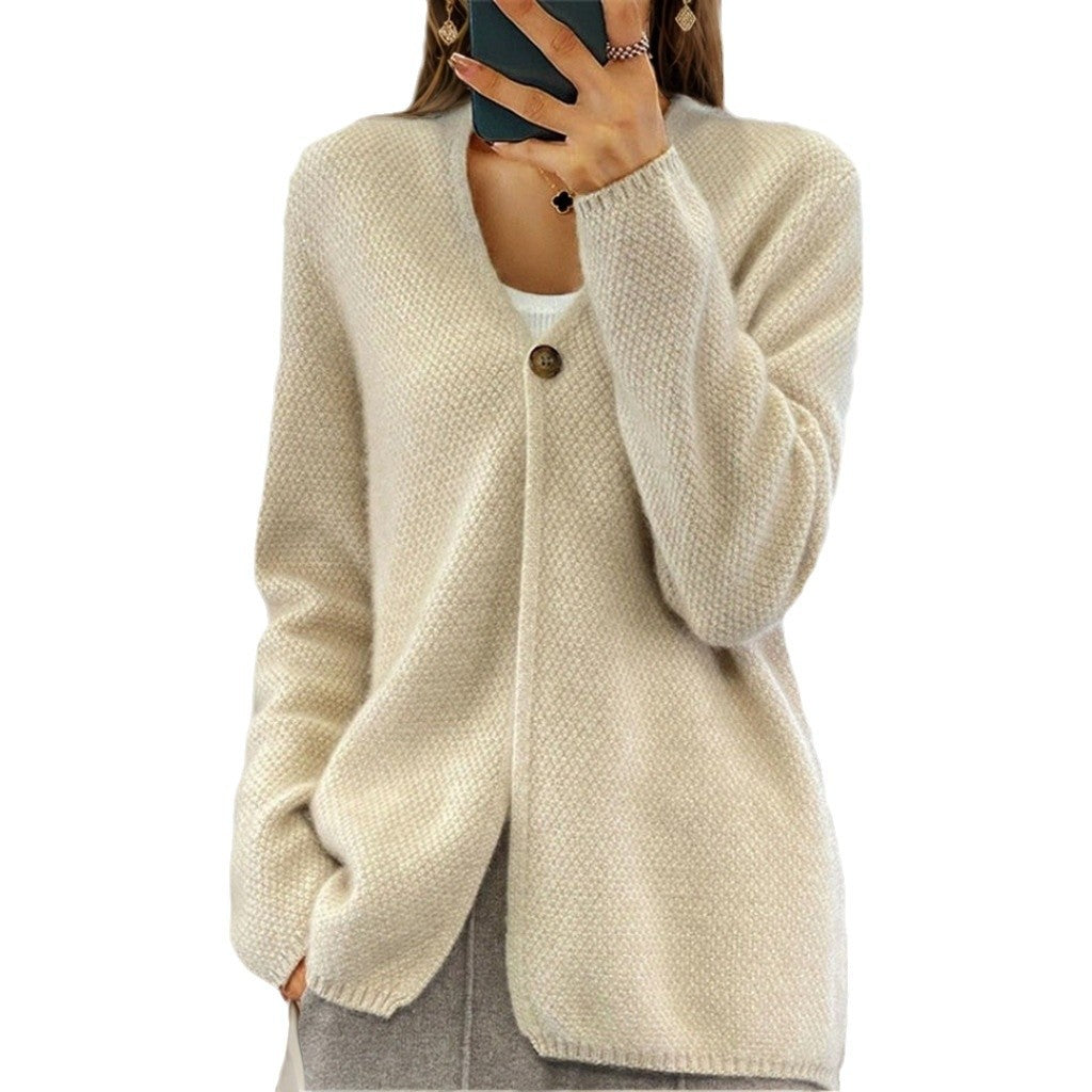 Damen nan kaschmirähnlicher Strukturstrick-Cardigan mit Ein-Knopf-Verschluss und hüftbedeckender Passform Echo Archiv