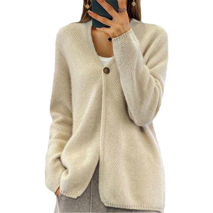 Damen nan kaschmirähnlicher Strukturstrick-Cardigan mit Ein-Knopf-Verschluss und hüftbedeckender Passform Echo Archiv
