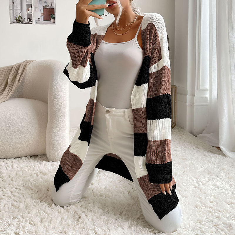 Damen Langer Oversize-Strickcardigan mit Blockstreifen und offener Front – Veloura