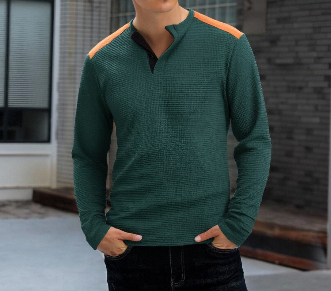 Herren strukturiertes Henley-Langarmshirt mit Stehkragen, Schulterpaspel und Waffelstruktur – Arvello