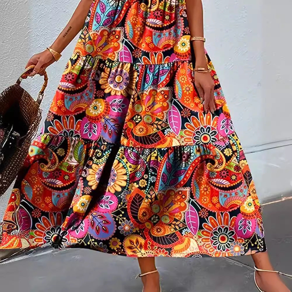Damen nan stufenförmiges Boho-Maxikleid mit V-Ausschnitt und geraffter Unterbrustnaht Echo Archiv