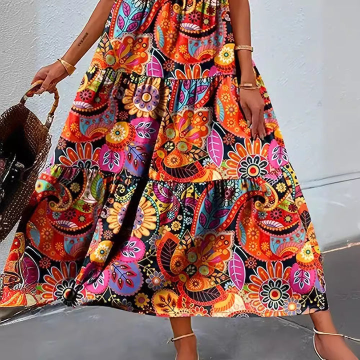 Damen nan stufenförmiges Boho-Maxikleid mit V-Ausschnitt und geraffter Unterbrustnaht Echo Archiv