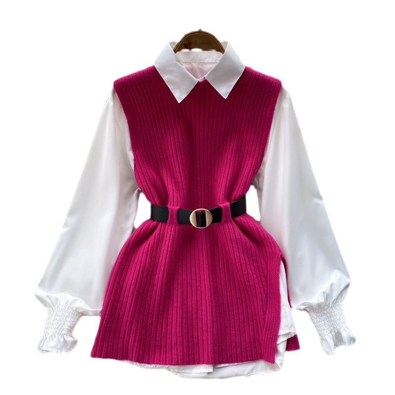 Damen Lagenlook-Bluse mit Rippstrick-Überwurf und Taillengürtel – Élovi