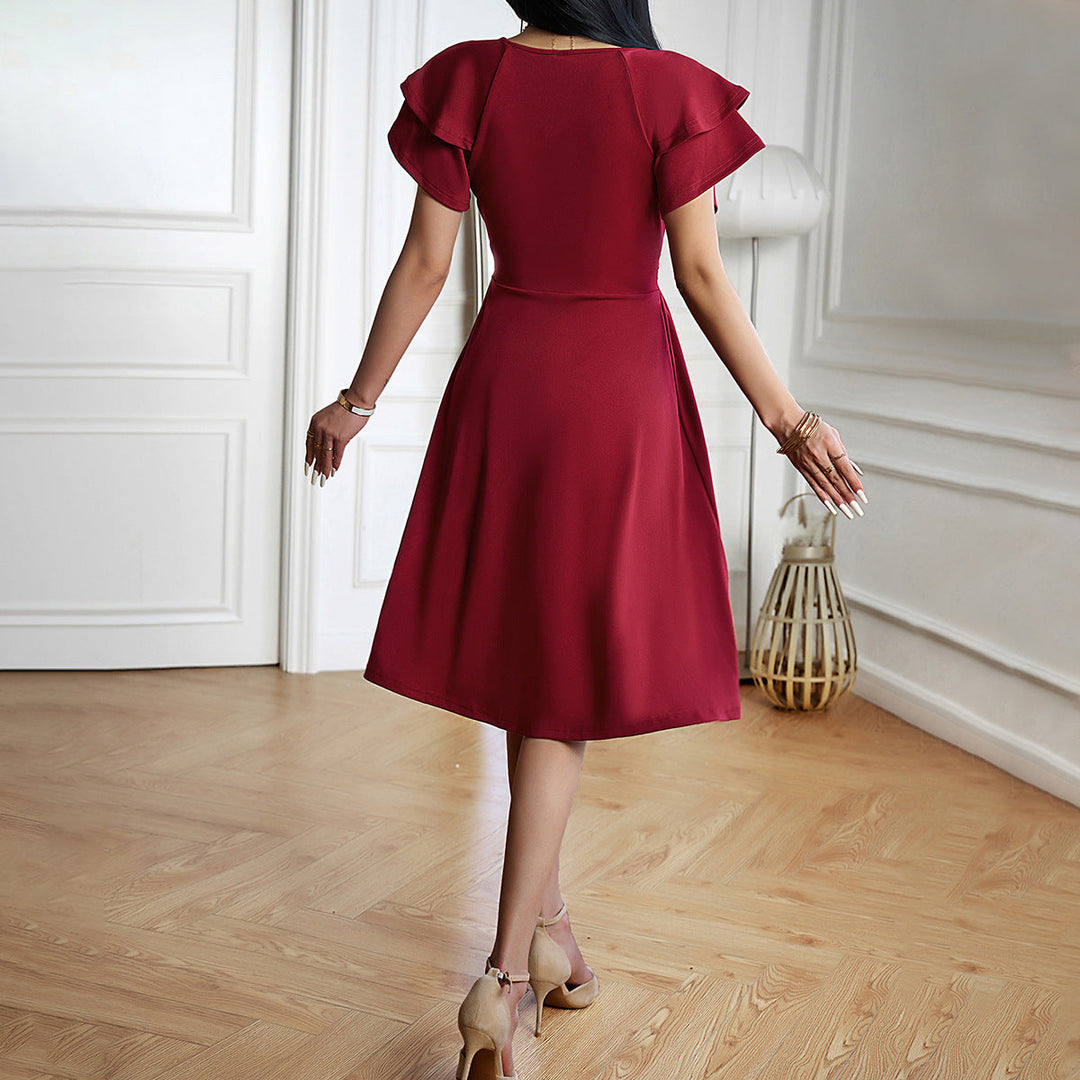 Echoarchiv | V-Ausschnitt Einfarbig Kurzarmkleid Für Frauen