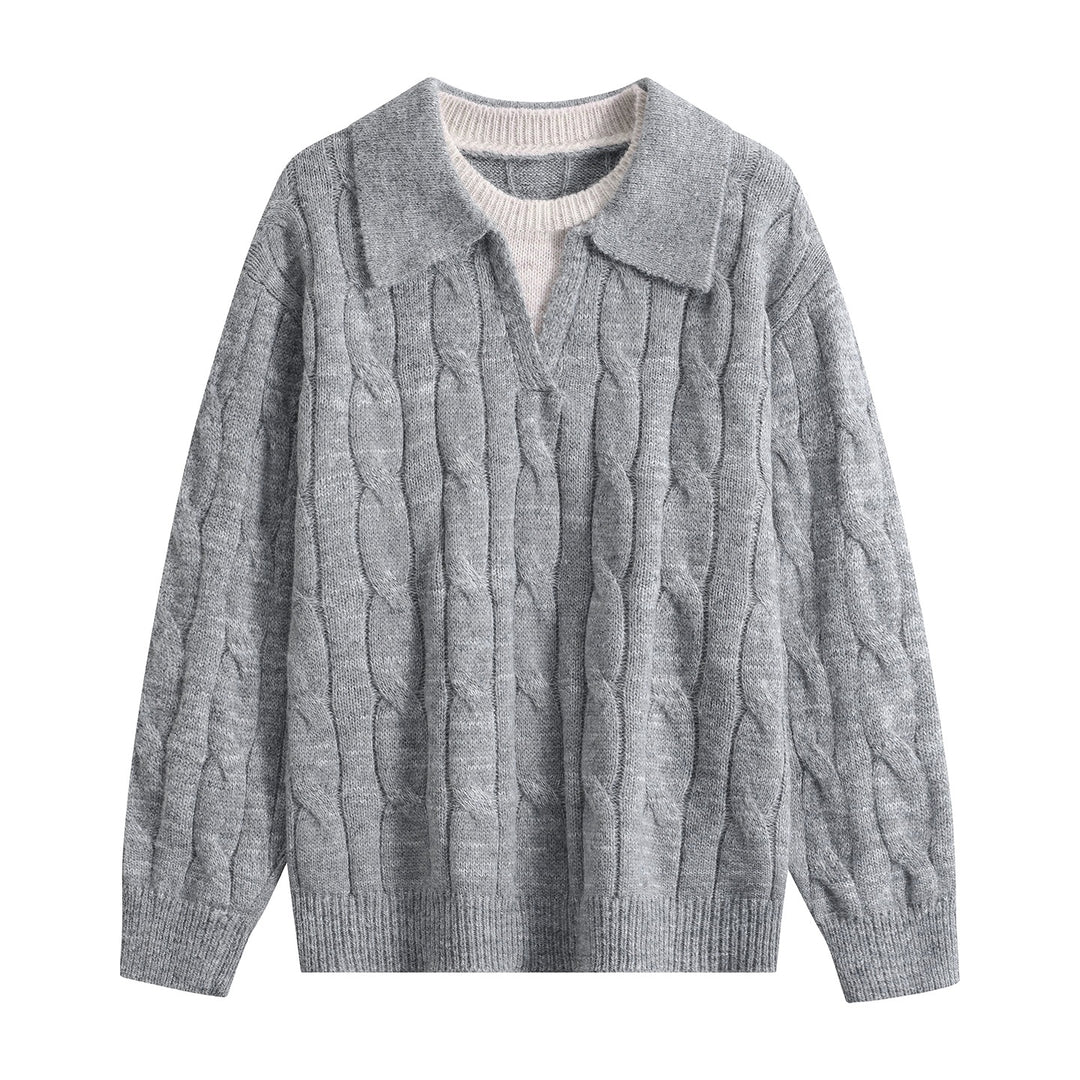 Damen Oversize Grobstrick-Pullover mit Polokragen und Zopfmuster Echoarchiv