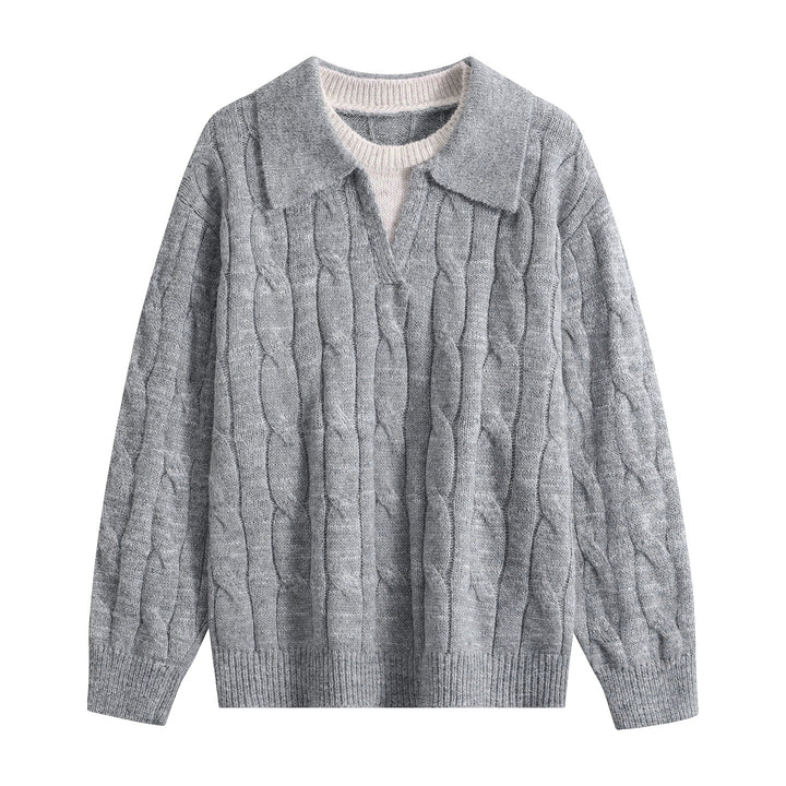 Damen Oversize Grobstrick-Pullover mit Polokragen und Zopfmuster Echoarchiv