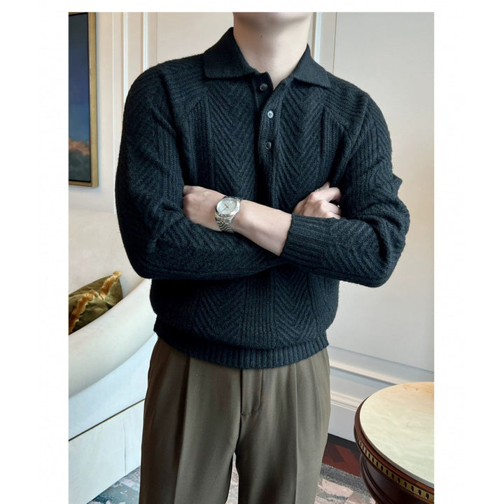 Herren Polokragen-Zopfstrick-Pullover mit halber Knopfleiste Echoarchiv