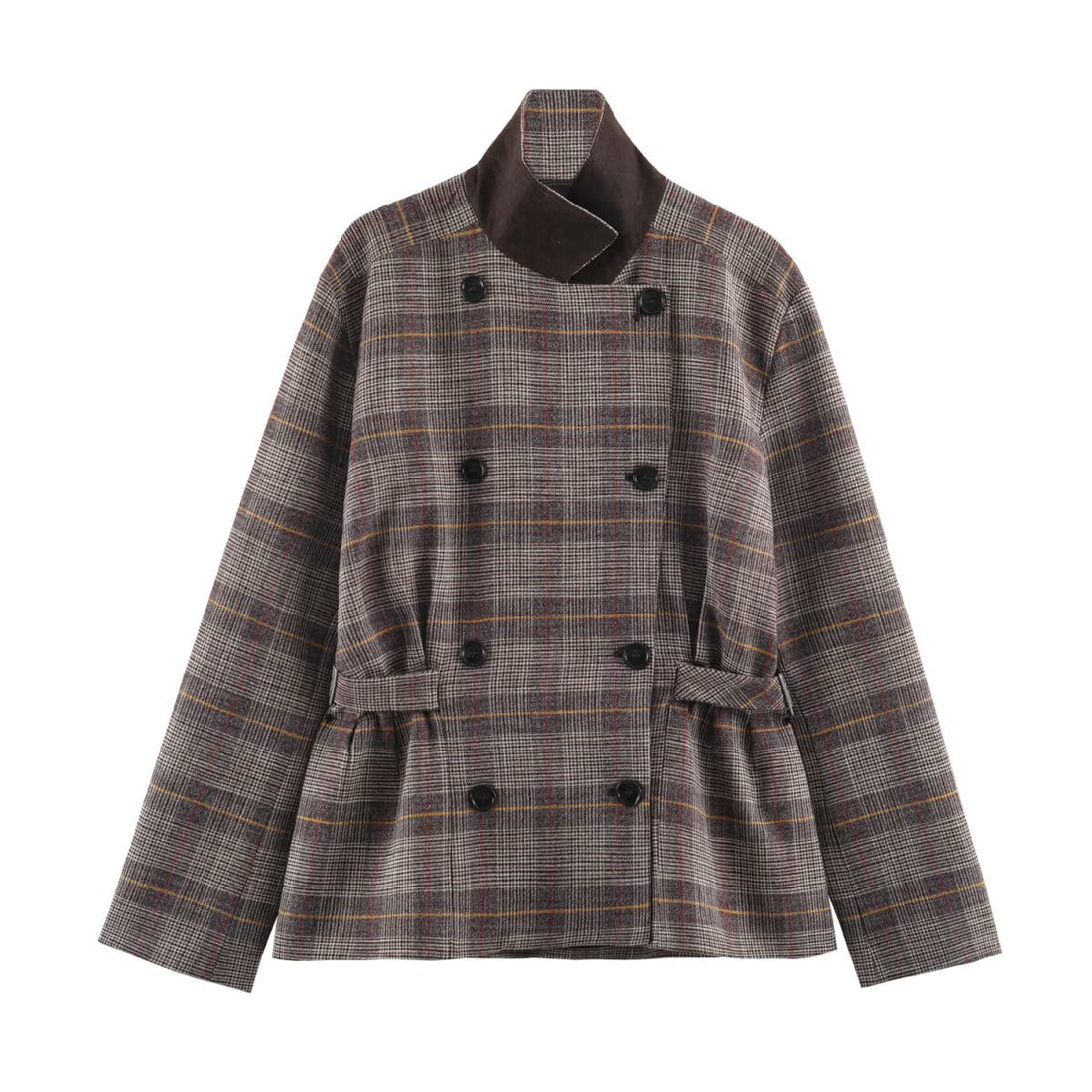 Damen Kurze Doppelreihige Taillierte Karo-Jacke mit Stehkragen und Taillenriegeln Echoarchiv