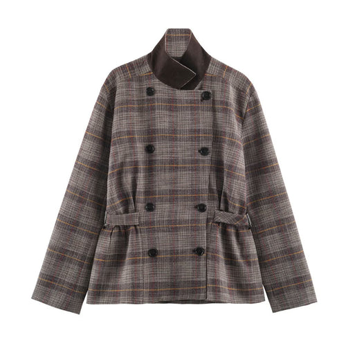 Damen Kurze Doppelreihige Taillierte Karo-Jacke mit Stehkragen und Taillenriegeln Echoarchiv