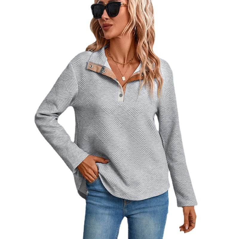 Damen Strukturierter Waffelstrick-Henley-Pullover mit Stehkragen und Druckknopfleiste Echoarchiv