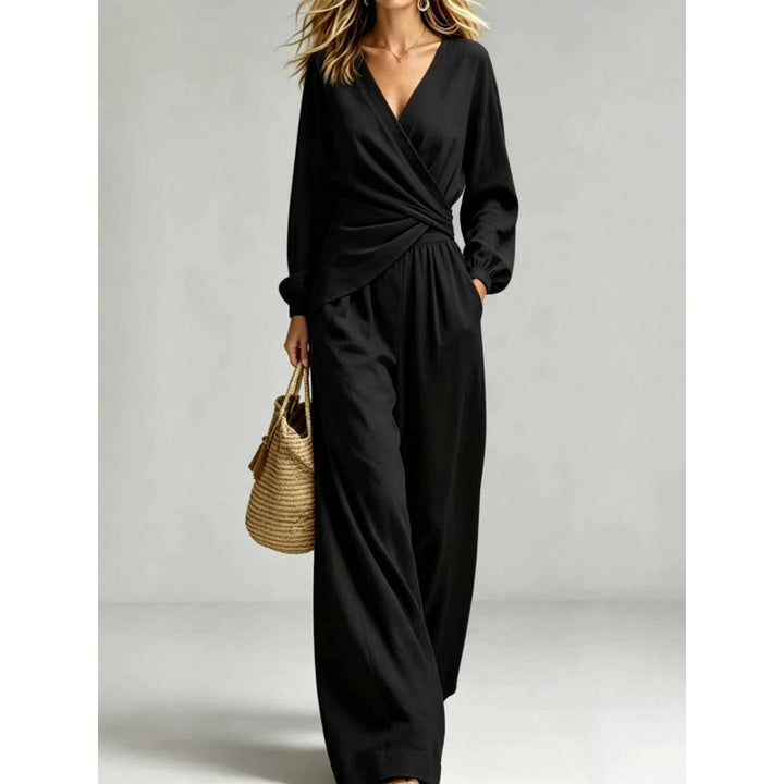 Damen Wickel-Jumpsuit mit weitem Bein und V-Ausschnitt Echoarchiv