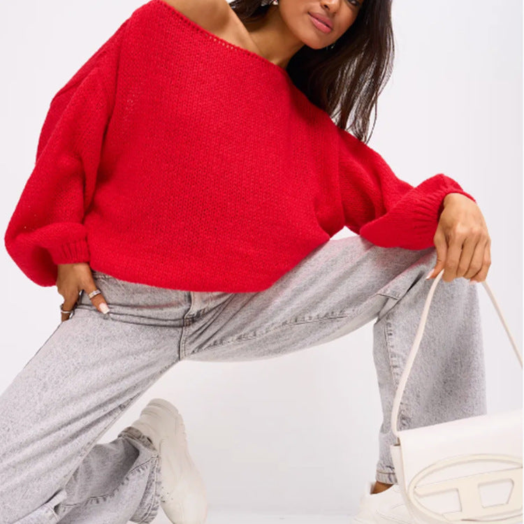 Damen Schulterfreier Mohair‑Optik Oversize-Pullover mit überschnittener Passform und kurzem Saum – Mavelle