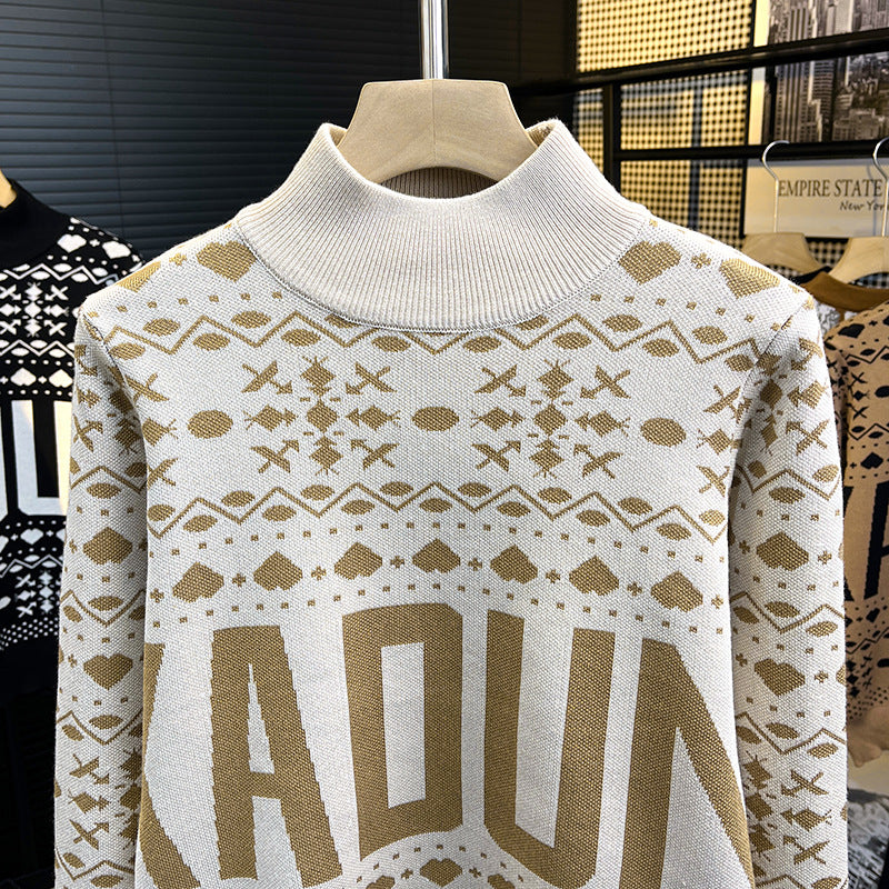 Herren Rollkragenpullover mit Norweger-Jacquard und großflächigem Logoprint Echoarchiv