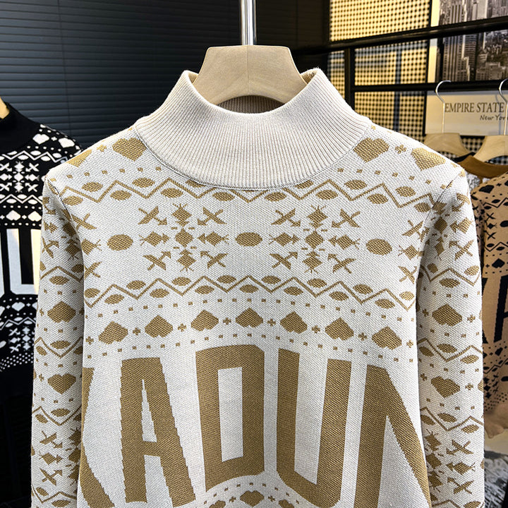 Herren Rollkragenpullover mit Norweger-Jacquard und großflächigem Logoprint Echoarchiv