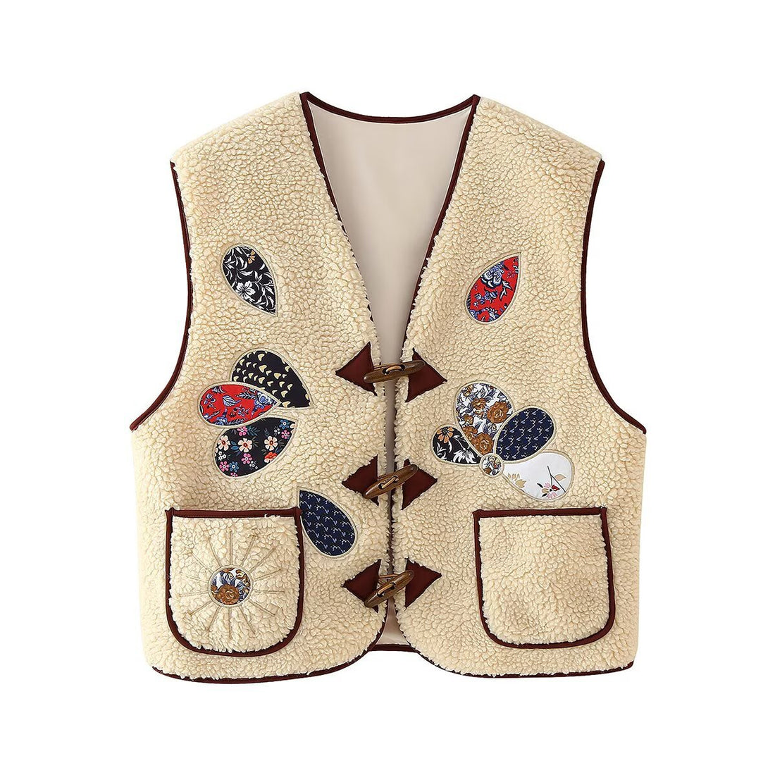 Damen Gefütterte Teddyweste mit Patchwork-Applikationen und Knebelverschlüssen Echoarchiv