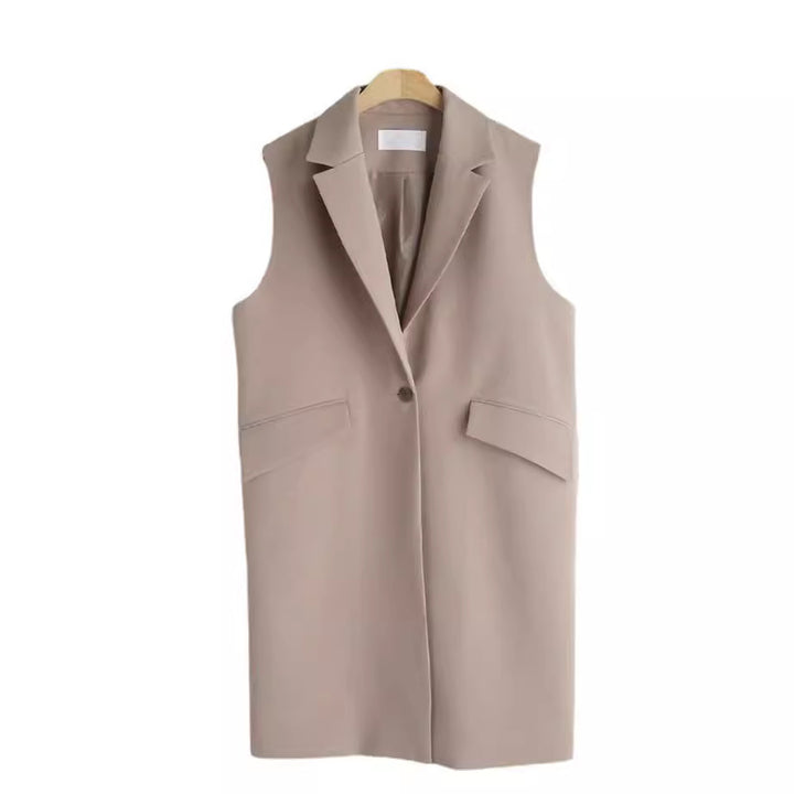 Damen Ärmellose Longweste im Tailoring mit Pattentaschen und einreihiger Knopfleiste Echoarchiv
