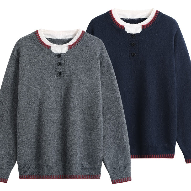 Unisex Feinstrick-Henley-Pullover mit kontrastreichem Rippkragen & Dreiknopfleiste Echoarchiv
