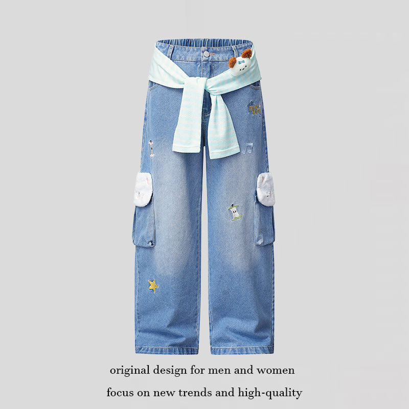 Damen Weiter Cargo-Jeans mit Plüschtaschen, Stickereien und elastischem Bund Echoarchiv