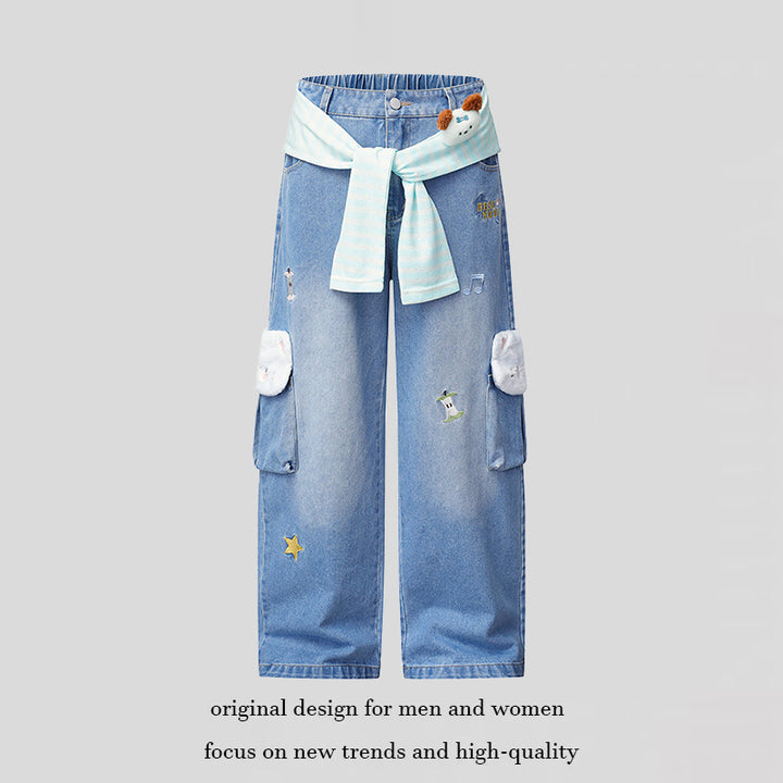 Damen Weiter Cargo-Jeans mit Plüschtaschen, Stickereien und elastischem Bund Echoarchiv