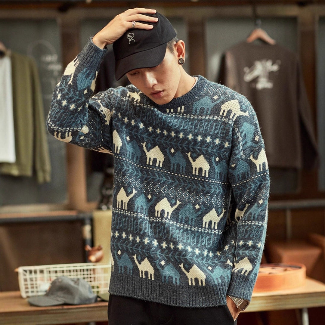 Herren Strickpullover mit Kamel-Jacquardmuster und geripptem Saum Echoarchiv