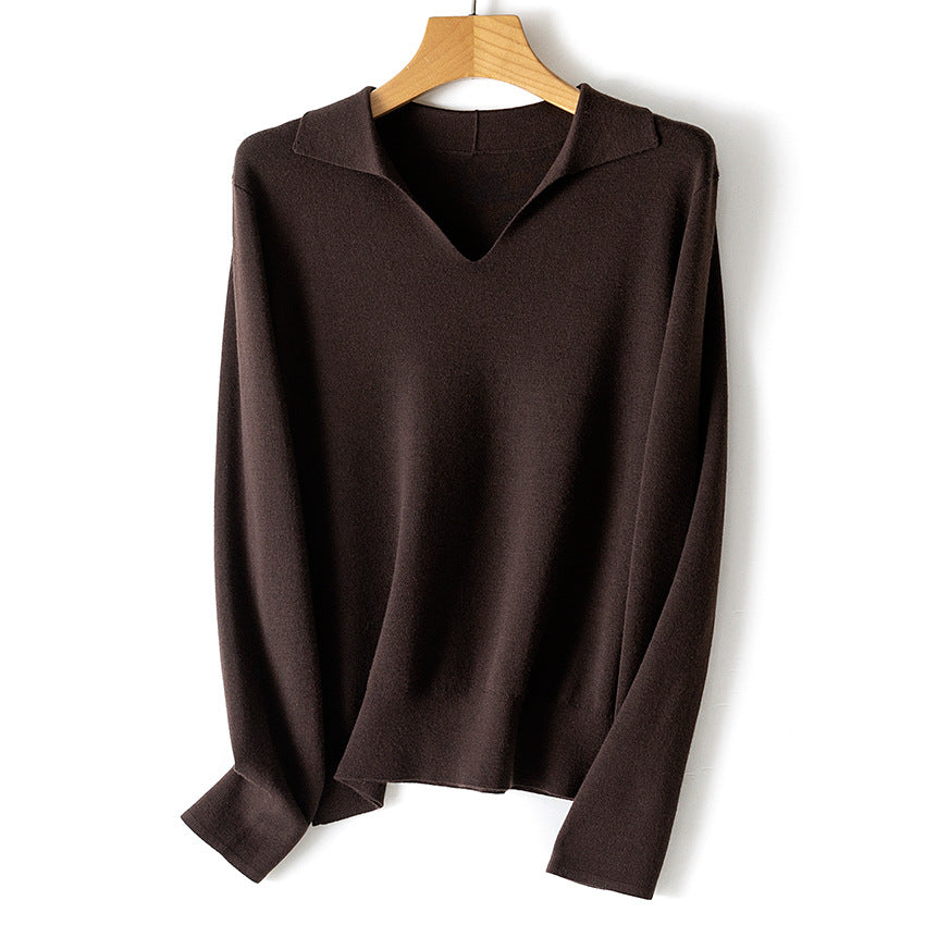 Damen feiner leichter V-Ausschnitt-Pullover mit offenem Hemdkragen und legerer Silhouette Echoarchiv