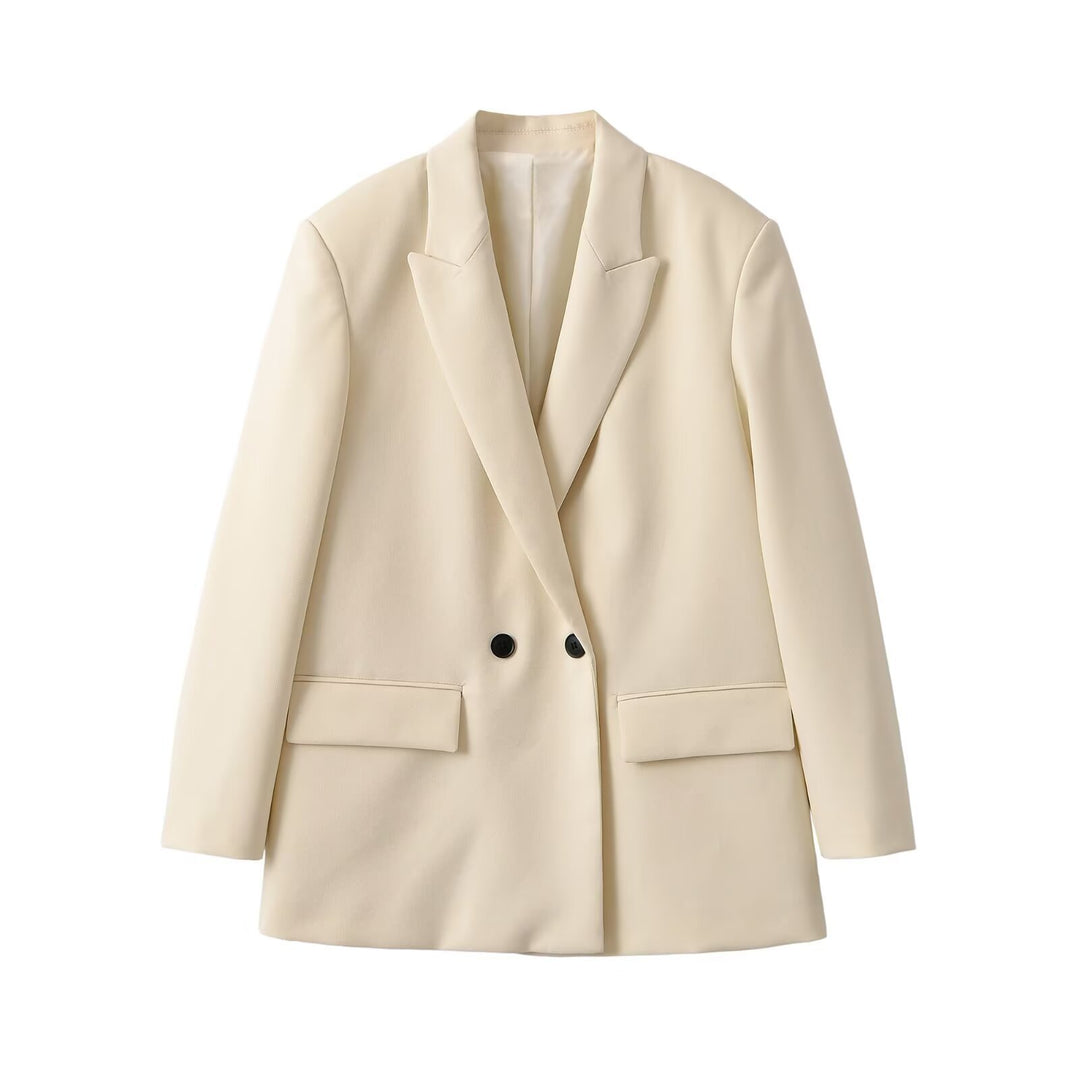 Damen Doppelreihiger Longblazer mit Reverskragen, tailliertem Schnitt und Pattentaschen Echoarchiv