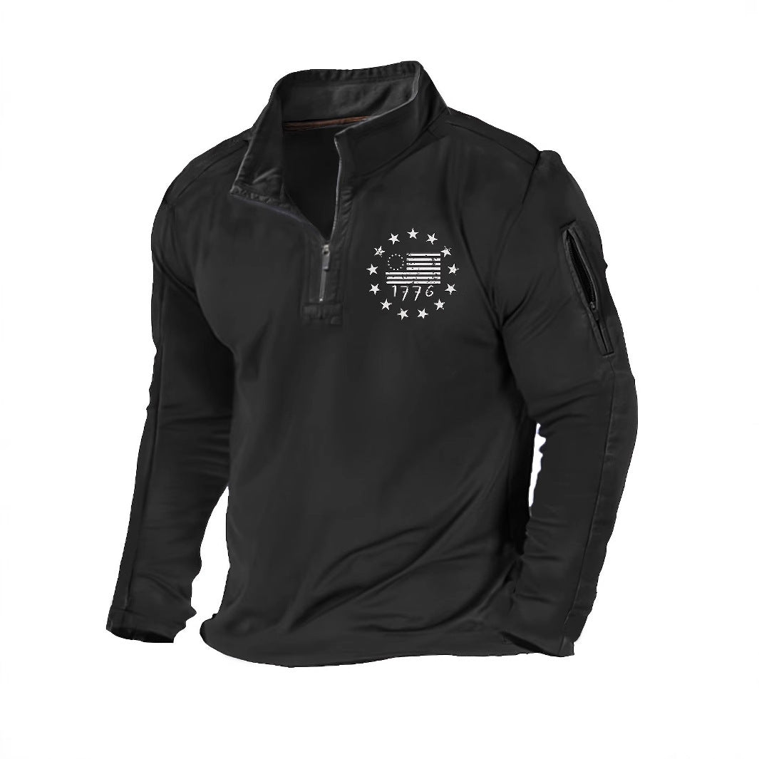 Herren Taktischer Halb-Reißverschluss Pullover mit Ärmeltasche und patriotischem Brustprint – Norvane