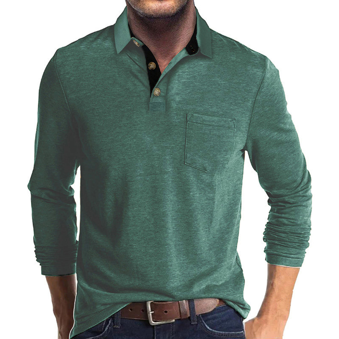 Herren langärmliges Polohemd mit Brusttasche, Kontrastknopfleiste und legerer Stretch-Passform – Cavello