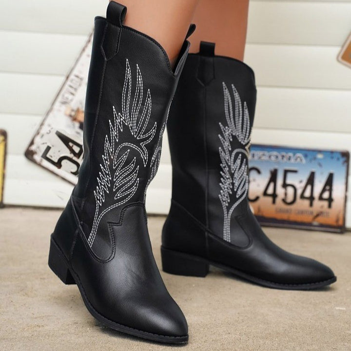 Damen Cowgirl-Kniehoher Stiefel mit dekorativer Stickerei, Pull‑Tabs und komfortablem Blockabsatz Echo Archiv