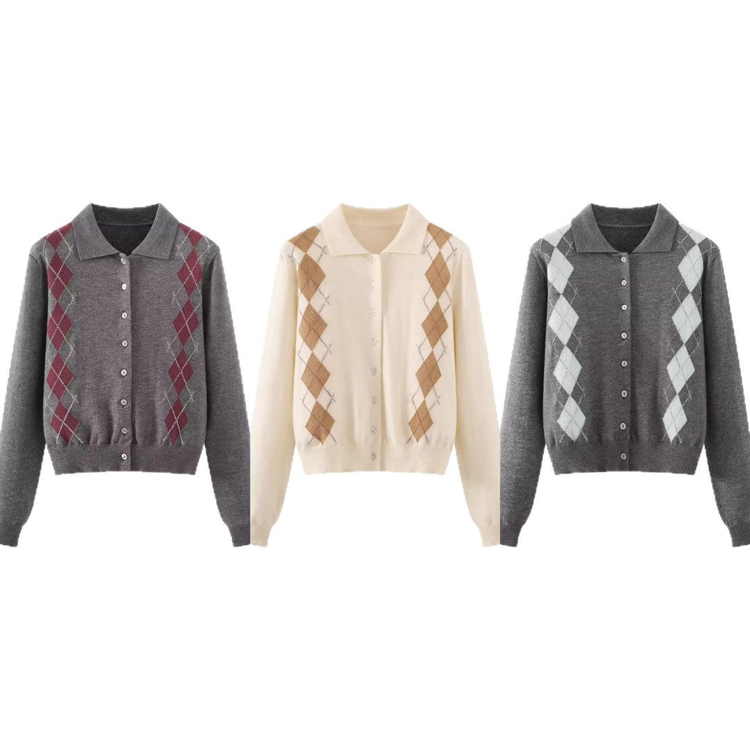 Damen Feinstrick-Cardigan mit Argyle‑Muster, Polokragen und tailliertem Cropped‑Schnitt Echoarchiv