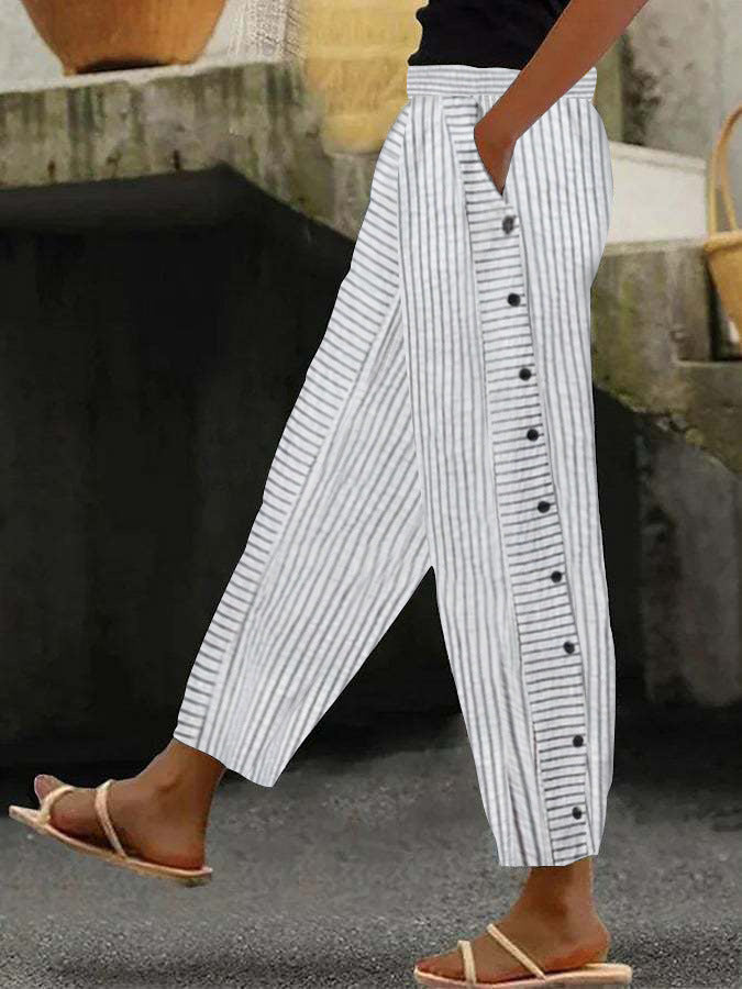 Damenweite Culotte-Hosen mit Paperbag-Taille, Knopfleiste und Seitentaschen – Avélisse