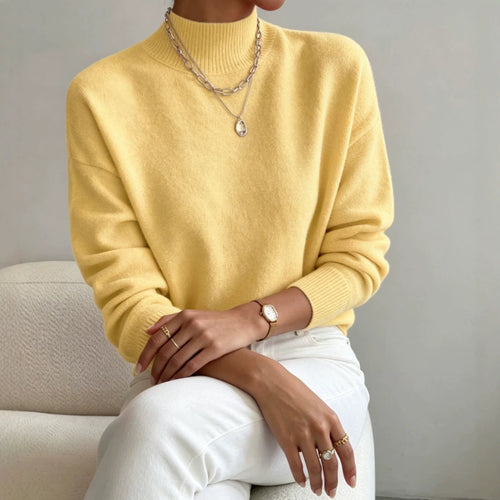 Damen kuscheliger Feinstrickpullover mit Stehkragen und überschnittener Schulter – Mavelle