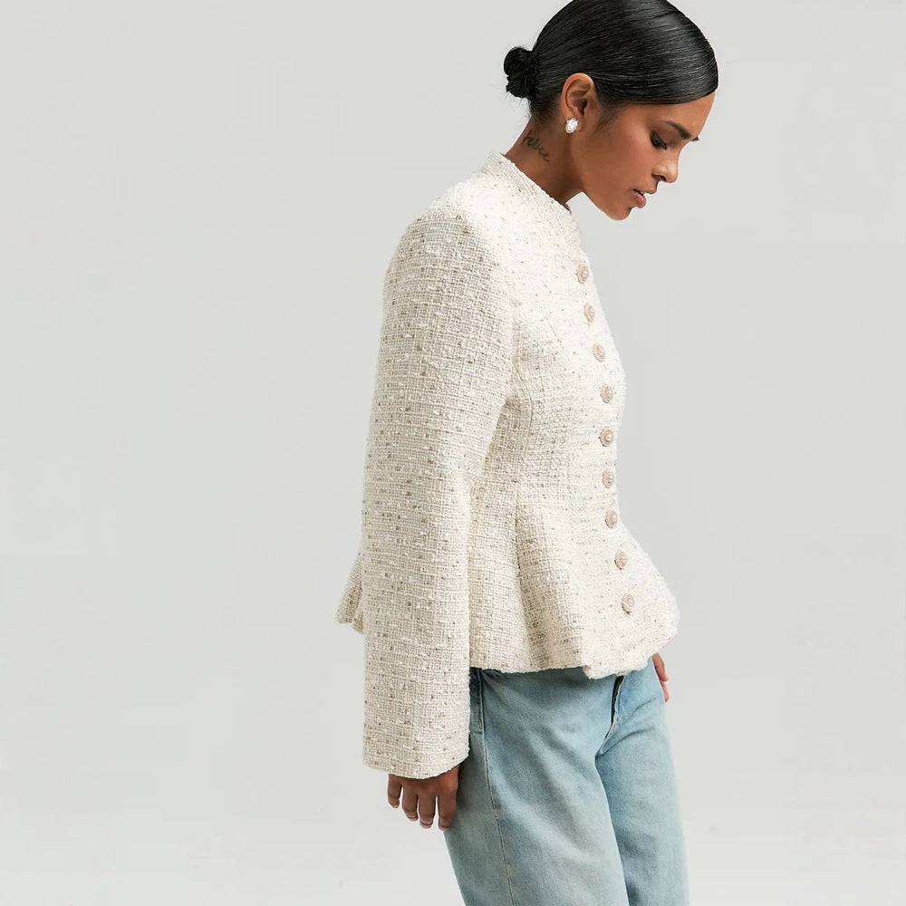 Damen Bouclé-Blazer mit Stehkragen und taillierter Schößchen-Silhouette Echoarchiv