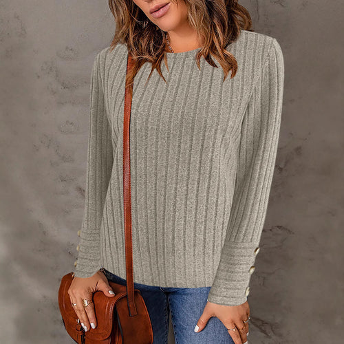 Damen Gerippter Feinstrick-Pullover mit Rundhals und Perlmuttknopf‑Manschetten Echoarchiv