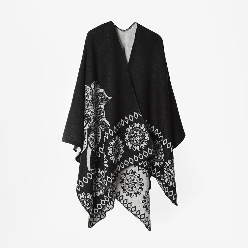 Damen Poncho‑Cape mit zweifarbiger Webstruktur, floralem Medaillon‑Jacquard und offener Front – Avérine