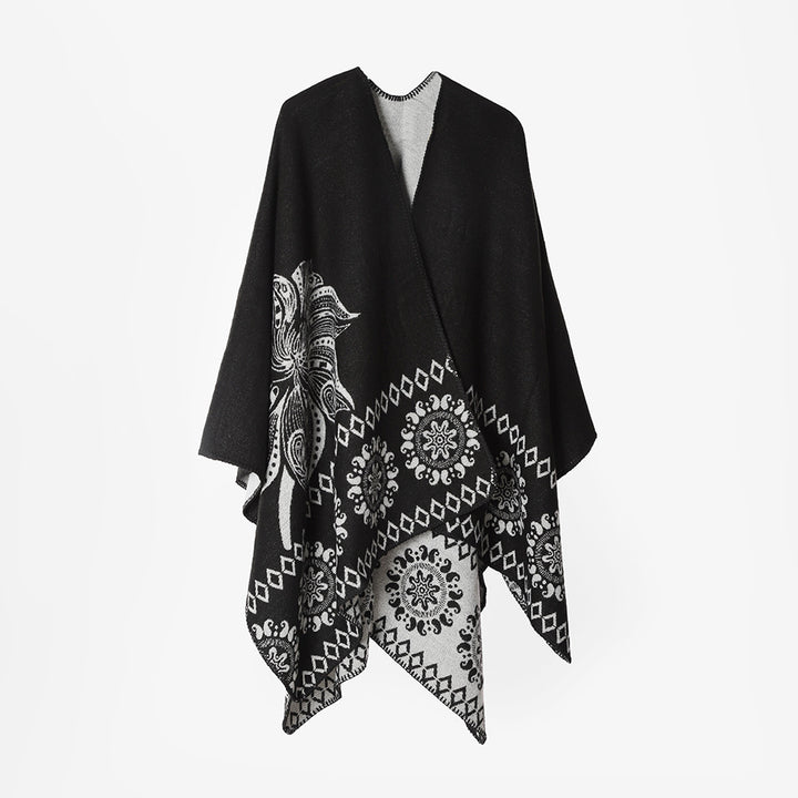 Damen Poncho‑Cape mit zweifarbiger Webstruktur, floralem Medaillon‑Jacquard und offener Front – Avérine