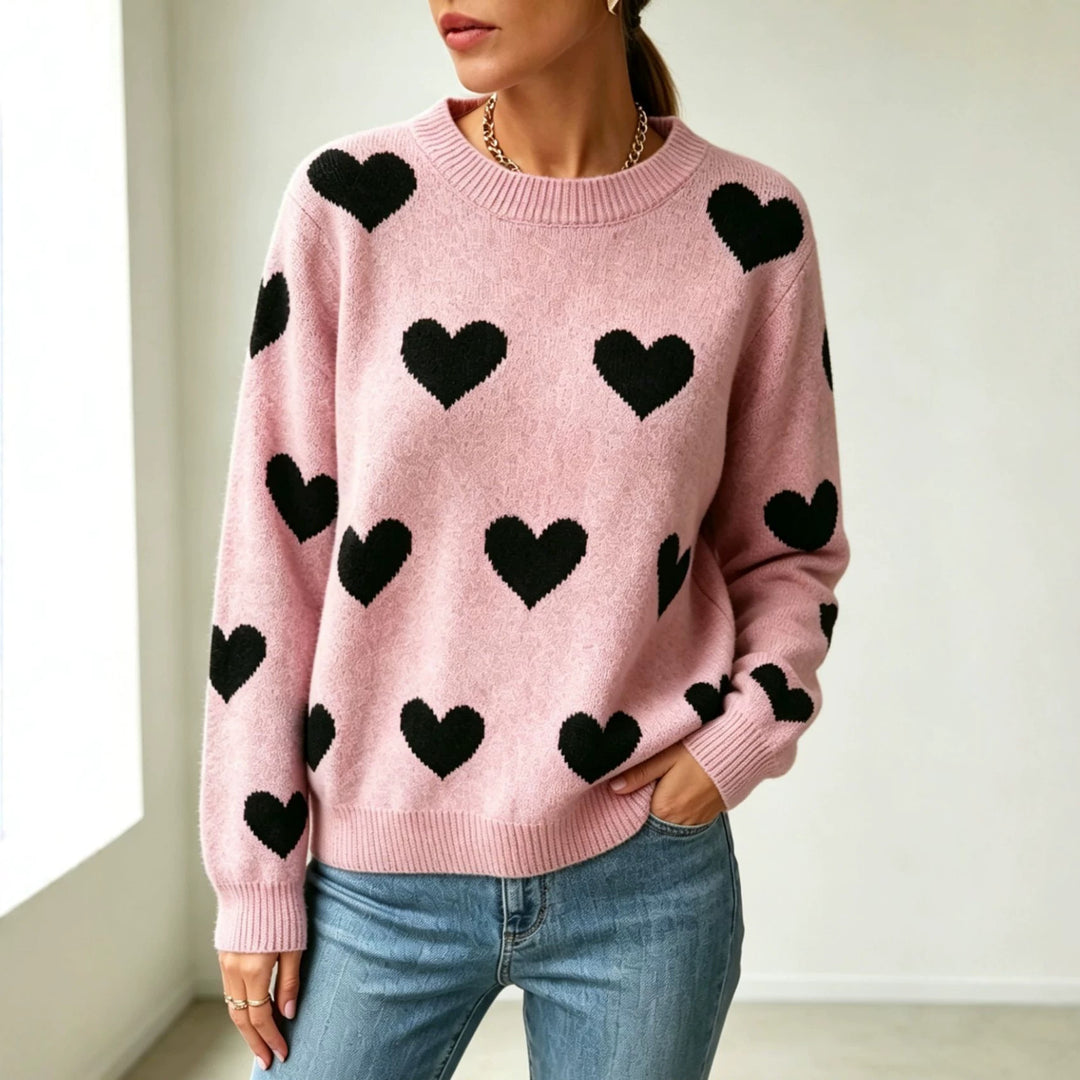 Damen Herz-Intarsien Rundhalspullover mit lässiger Oversize-Passform – Mavelle