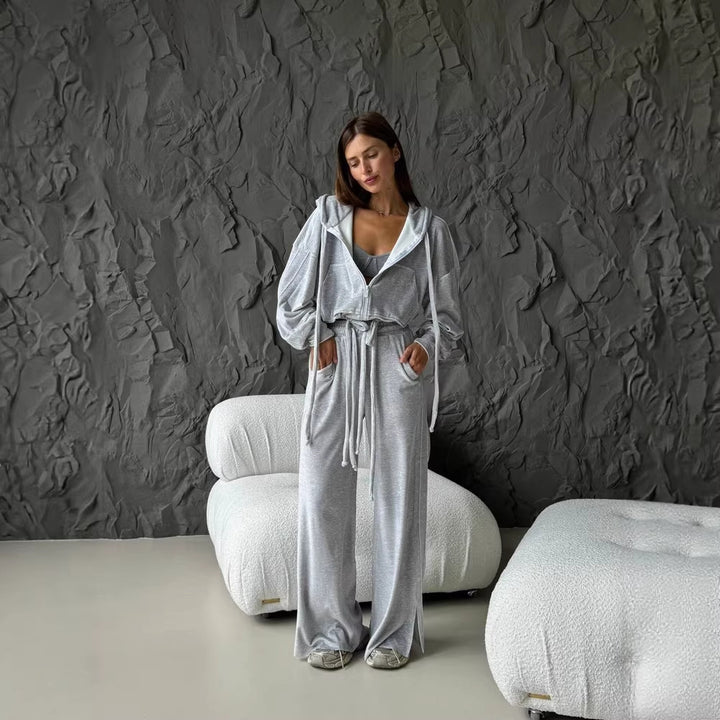 Damen Cropped Kapuzenjacke mit Kordelzug und weitem Split-Hose Lounge-Set – Auréline