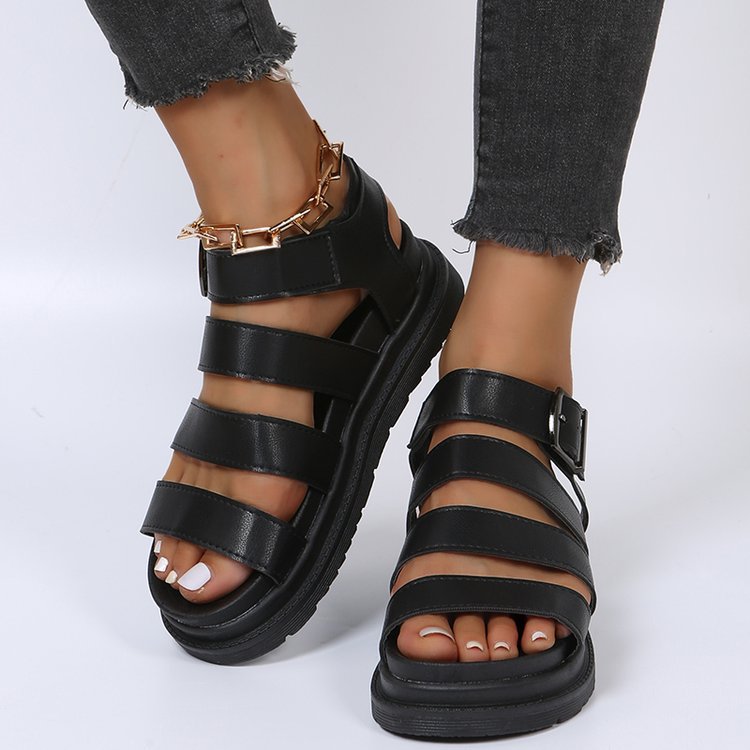 Damen Plateausandalen mit vier Riemen und verstellbarer Metallschnalle Echo Archiv
