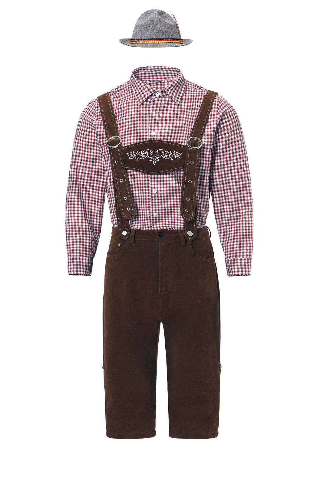 Herren nan kurze Trachtenlederhose in Veloursleder-Optik mit besticktem Brustlatz und verstellbaren Trägern Echo Archiv