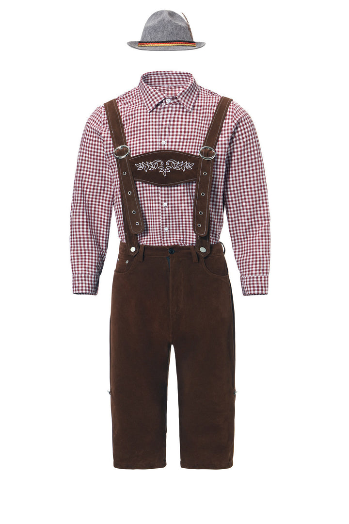 Herren nan kurze Trachtenlederhose in Veloursleder-Optik mit besticktem Brustlatz und verstellbaren Trägern Echo Archiv