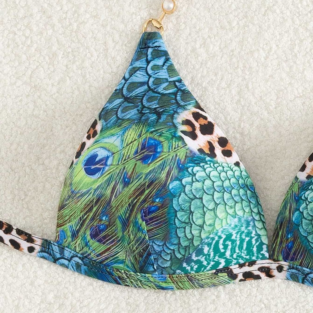 Damen Triangel-Bikini mit lebendigem Tier- und Pfauenmotiv Echo Archiv